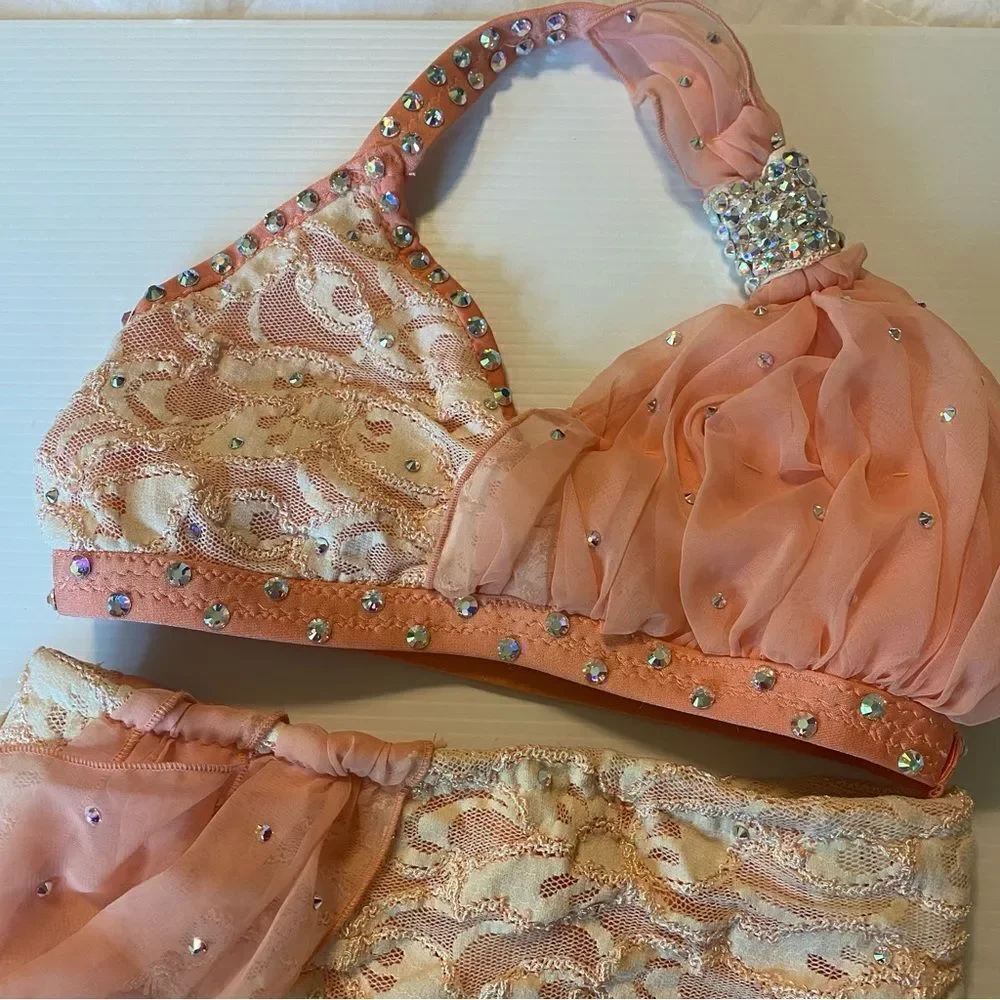 Custom made dance costume blush peach lace rhinestone 2 piece child IC/MC medium